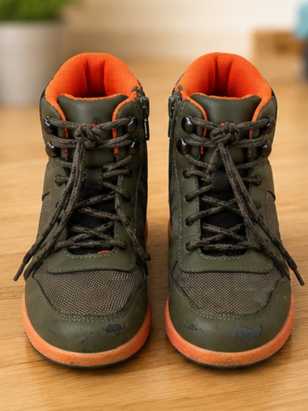 Kids Hiking Boots Olive Green & Orange | Size US 11 / EU 28 | Side Zip | Good Us